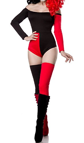 Damen Harlekin Catsuit Kostüm Verkleidung mit Catsuit, Stulpen in schwarz rot schulterfrei XL von your_Designerz