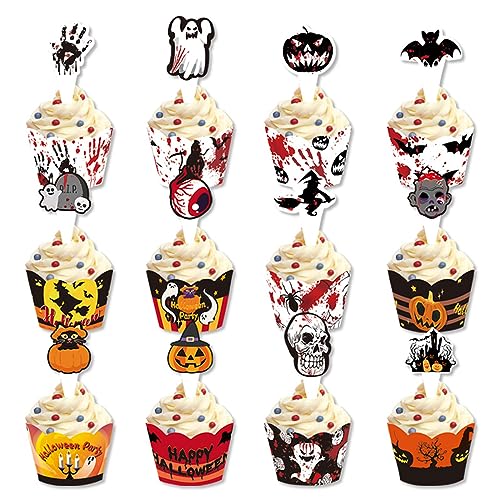 ysister Halloween Papier Cupcake Topper 24 Stück Halloween Cupcake Dekorationen Halloween Muffin Deko Halloween Wrapper Topper Geeignet für Kuchen, Muffins, Desserts, Halloween-Mottopartys von ysister