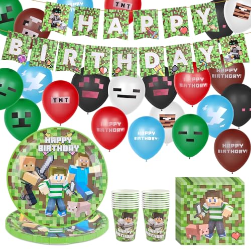 Spiel Partygeschirr Set Geburtstagsdeko Jungen Mine-craft Geburtstag Deko Mine-craft Spielthema Partyzubehör Spiel Partyzubehör Set Enthält Banner Luftballons Mine-craft Teller und Becher von yue