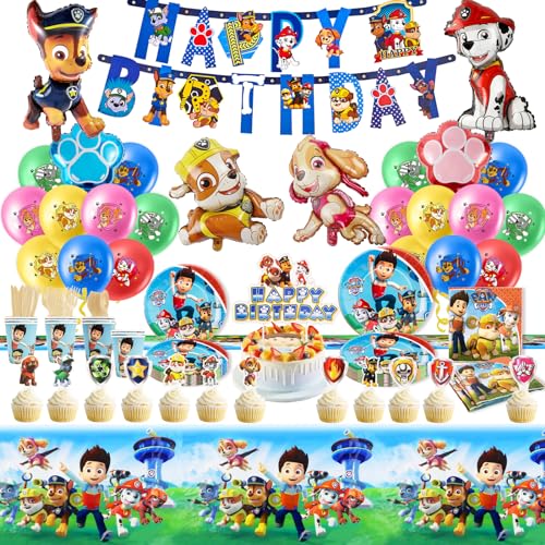 105PCS Pappteller Kindergeburtstag+Paw Dog Patrol Geburtstag Deko, Geburtstag Geschirr Set, Wiederverwendbar Becher Servietten Tischdecke Set Partygeschirr Geburtstag Kindergeburtstag für 10 Personen von yumcute