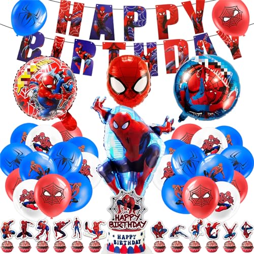 42pcs Spider Geburtstagsdeko, Luftballons Ballon Geburtstag Deko, Themenparty Geburtstagsdeko Junge-24 Latexballons, 13 Cake Toppers, 1 Happy Birthday Banner, 4 Folienballons, Kindergeburtstag Deko von yumcute