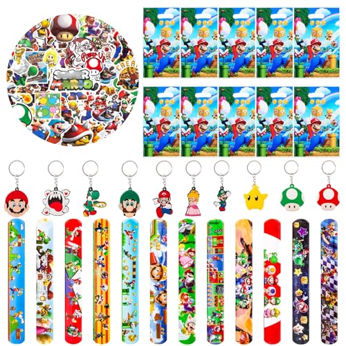 82 Stück Kindergeburtstag Party Mitgebsel Set Mario Party Mitgebsel Set Tattoo Kinder Aufkleber Geschenktüten Schlüsselanhänger Slap Armbänder Geeignet Geburtstags Party Zubehör für Mädchen Jungen von yumcute