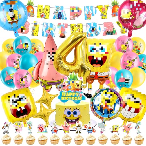 44 Stücke Spongeb Geburtstag Deko 3 Jahre, Sponge Luftballon Geburtstag, Sponge Party Deko, Kindergeburtstag Party Deko Cake Topper Happy Birthday Banner für Kinder Geburtstags Party von yumcute