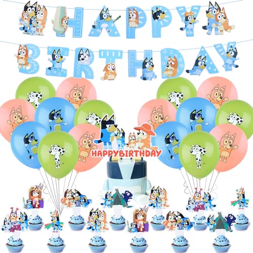 Bule1 32PCS Bluey Deko Kindergeburtstag , Partygeschirr Geburtstagsdeko 3 4 5 Jahre, Bluey Birthday Decorations Party Deko Geburtstag Cake Topper Kuchen für Kinder Geburtstagsfeier von yumcute