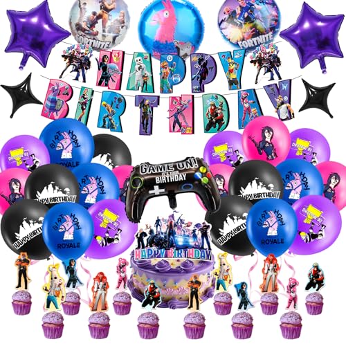 Fortnit Geburtstagsdeko Fortnte Deko Luftballons, Kuchen Deko Brawl Stars Geburtstag Party Dekorationen-8 Folienballons, 13 Tortendeko als Tortenaufleger, 20 Latexballons, 1 Geburtstagsbanner von yumcute