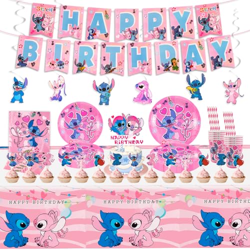 PSDZ 94PCS Stitch Pappteller Kindergeburtstag+Stitch Geburtstag Deko, Geburtstag Geschirr Set, Becher Servietten Tischdecke Set Partygeschirr Geburtstag Kindergeburtstag für 20 Personen von yumcute