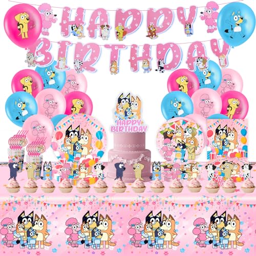 Pink 103PCS Bluey Pappteller Kindergeburtstag+Bluey Geburtstag Deko, Partygeschirr Geburtstagsdeko Set, Teller Servietten Tischdecke Set Partygeschirr Geburtstag Kindergeburtstag für 20 Personen von yumcute