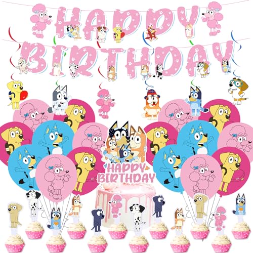 Pink1 38PCS Bluey Deko Kindergeburtstag, Partygeschirr Geburtstagsdeko 3 4 5 Jahre, Bluey Birthday Decorations Party Deko Geburtstag Cake Topper Kuchen für Kinder Geburtstagsfeier von yumcute