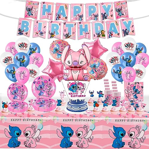 SDZ 114PCS Stitch Pappteller Kindergeburtstag+Stitch Geburtstag Deko, Geburtstag Geschirr Set, Becher Servietten Tischdecke Set Partygeschirr Geburtstag Kindergeburtstag für 20 Personen von yumcute