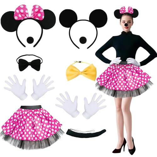 pink Minnie Mouse Kostüm Damen, Karneval Kostüm Damen Tutu Maus Ohren Haarreifen Fliege Schleife Schwanz Nasen Handschuhe, Maus Kostüm Damen für Fasching Karneval Halloween Motto Cosplay Party von yumcute