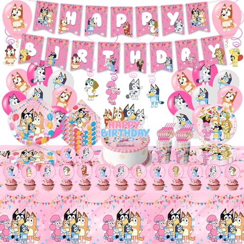 111pcs Partygeschirr Geburtstagsdeko, Bluey Party Deko Geburtstag Kindergeburtstag-Rosa Tortendeko, Servietten, Pappteller, Tischdecke, Geschenkpapier, Hängen Wirbel, Banner, Tassen, Strohhalme von yumcute