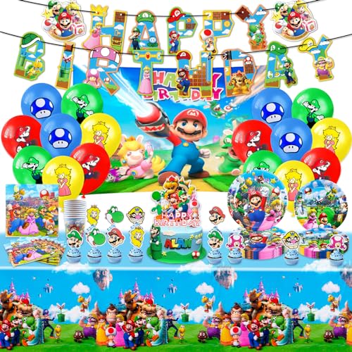 82pcs Super Ma Geburtstag Deko Hintergrund Party Geburtstagsdeko Luftballon und Tortendeko, Kindergeburtstag Mitgebsel Ballon Dekoration-Servietten, Pappteller, Tischdecken, Banner, Pappbecher von yumcute