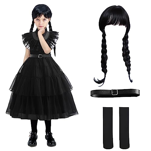 yumcute Wednesday Kostüm Mittwochskostüm für Kinder Gothic Kleid Kostüm Kinder Schwarz Tüllrock Kleid mit Perücke Gürtel und Socken Wednesday Kleid Halloween Karneval Fasching Cosplay Party von yumcute