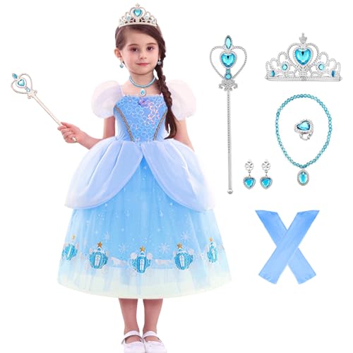 Prinzessin Kostüm Mädchen, Cinderela Kleid Mädchen, Prinzessinenkleid Für Mädchen Mit Zubehör: Krone, Zauberstab, Halskette, Ohrringe, Ring und ärmel - Perfekt Für Partys, Verkleidungen und Karneval von yumcute