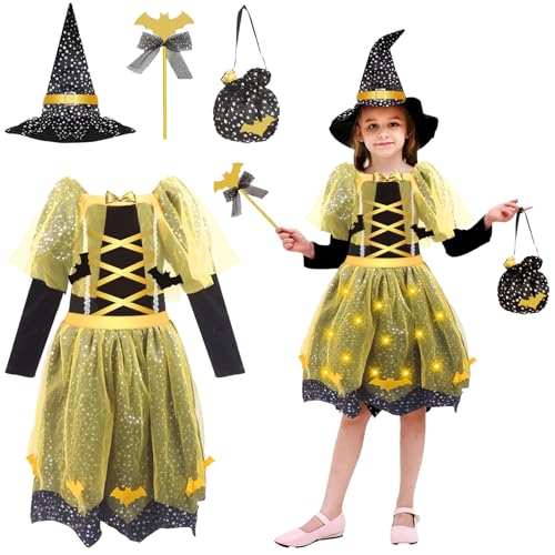 yumcute Hexenkostüm Kinder, LED Leuchtende Halloween Kostüm Kinder Hexe Hexenkostüm mit Hexenhut Zauberstab Bonbontüte Rock Mädchen Hexenkleid für Halloween Fasching Karneval von yumcute