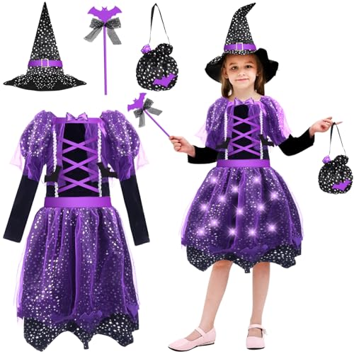 yumcute Hexenkostüm Kinder, LED Leuchtende Lila Halloween Kostüm Kinder Hexe Hexenkostüm mit Hexenhut Zauberstab Bonbontüte Rock Mädchen Hexenkleid für Halloween Fasching Karneval von yumcute