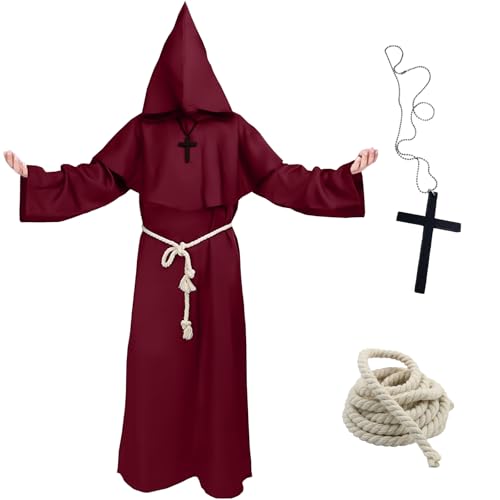 yumcute Halloween Mönch Kostüm, Priester Robe Mönch Kostüm, Mönch Kostüm Robe Mittelalter Renaissance Robe, Cosplay Mönchskostüm, mit Kreuz-Halskette und Kordel, für Halloween Karneval von yumcute