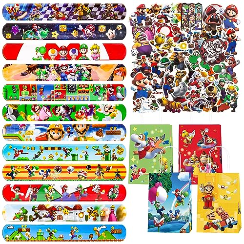 yumcute Mitgebsel Kindergeburtstag, Super Geburtstag Deko, Party Mitgebsel, Geburtstagsdeko Gastgeschenke, 74pcs Schnapparmband Kinder-12pcs Schnapparmband Kinder, 50pcs Sticker, 12pcs Geschenktasche von yumcute