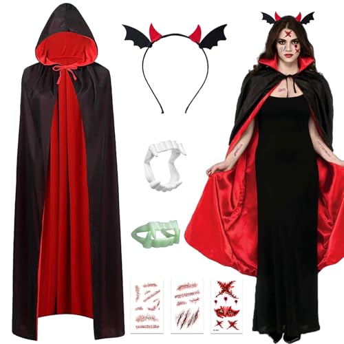 7 Stück Halloween Vampir Kostüm Erwachsene Umhang mit Kapuze Teufel Kostüm Damen Herren Doppelseitig Umhang mit Zahnersatz Stirnband simulierte Narbe Tattoo für Mottoparty Cosplay Karneval Halloween von yumcute