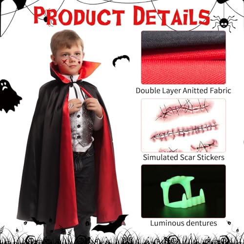 7 Stück Halloween Vampir Kostüm Kinder Umhang Teufel Kostüm Jungen Mädchen Doppelseitig Umhang mit Zahnersatz Stirnband simulierte Narbe Tattoo Aufkleber für Mottoparty Cosplay Karneval Halloween von yumcute