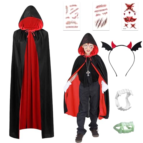 7 Stück Halloween Vampir Kostüm Kinder Umhang Teufel Kostüm Jungen Mädchen Doppelseitig Umhang mit Zahnersatz Stirnband simulierte Narbe Tattoo Aufkleber für Mottoparty Cosplay Karneval Halloween von yumcute