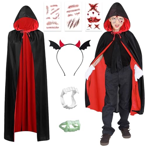 7 Stück Halloween Vampir Kostüm Kinder Umhang Teufel Kostüm Jungen Mädchen Doppelseitig Umhang mit Zahnersatz Stirnband simulierte Narbe Tattoo Aufkleber für Mottoparty Cosplay Karneval Halloween von yumcute