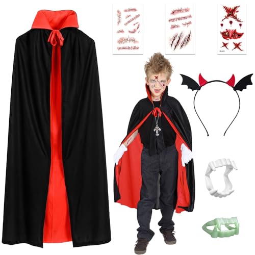 7 Stück Halloween Vampir Kostüm Kinder Umhang Teufel Kostüm Jungen Mädchen Doppelseitig Umhang mit Zahnersatz Stirnband simulierte Narbe Tattoo Aufkleber für Mottoparty Cosplay Karneval Halloween von yumcute