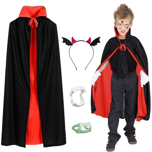 7 Stück Halloween Vampir Kostüm Kinder Umhang Teufel Kostüm Jungen Mädchen Doppelseitig Umhang mit Zahnersatz Stirnband simulierte Narbe Tattoo Aufkleber für Mottoparty Cosplay Karneval Halloween von yumcute