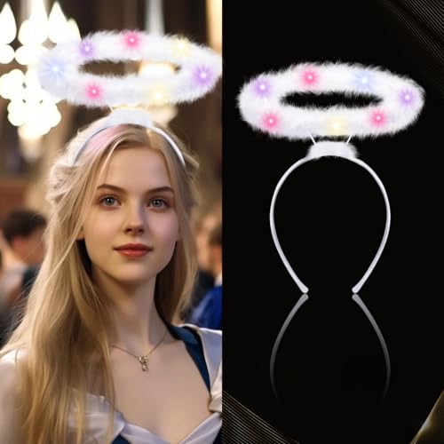 yumcute Weißer Haarreif Heiligenschein LED, Haarreifen Engel Karneval Accessoire für Damen & Herren Haarreif mit Federkranz für Karneval Masquerade Party Foto Requisiten von yumcute