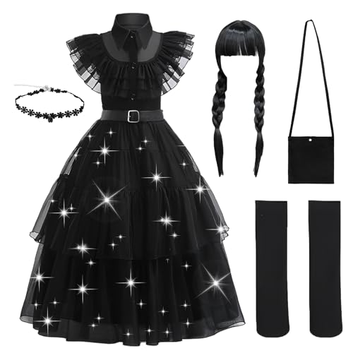 YDS110 Wensdey Kostüm Kinder, Kostüm Gothic Kleid Mädchen, Filmheldin Cosplay Kostüm Set Karneval Kostüm Mädchen Mit Perücke Ohrringe Tasche Socken, Faschingskostüm Mädchen für Karneval Halloween von yumcute