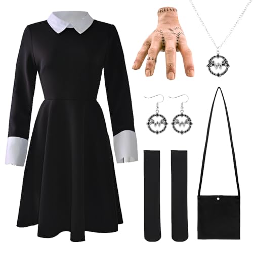 yumcute YDSL Kostüm Kleid Damen Halloween Kostüm Set für Addams Family mit Thin-g Hand Kniestrümpfe Schwarz Kleid Damen Fasching Karneval Cosplay Party Faschingskostüm Damen für Karneval Halloween von yumcute