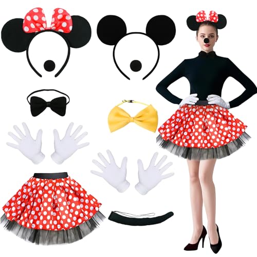 yumcute red Minnie Mouse Kostüm Damen, Karneval Kostüm Damen Tutu Maus Ohren Haarreifen Fliege Schleife Schwanz Nasen Handschuhe, Maus Kostüm Damen für Fasching Karneval Halloween Motto Cosplay Party von yumcute