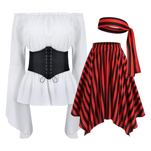 yupeuooe Piratenkorsettkleid, Piratenkleid Frauen mit Korsett - Carnival Party Dress up Kostüm - Off Schulterglockenhülle, Halloween gestreiftes Rock -Outfit für die Sommerparty von yupeuooe