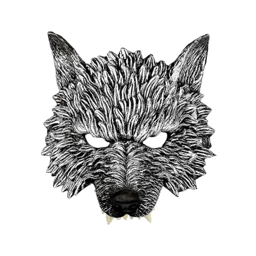 yuwqqoajv 3D Wolfsmaske mit dreidimensionalem Effekt, Halloween Maskerade Masken, herausragende PU Maske, Cosplay Tiermaske, Rollenspiel, Silber von yuwqqoajv