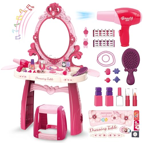 Kleinkind-Schminktisch-Set mit Hocker, Kinder-Kosmetiktisch und Stuhl, Schminktisch-Set mit Hocker, Kinder-Kosmetik-Set mit Lichtern und Musik, Kleinkind-Schönheitssalon-Set mit Make-up-Zubehör und von zaddgiuuy