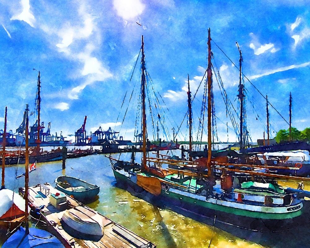 Malen nach Zahlen - An der Elbe in Hamburg - by zamart, mit Rahmen von zamart