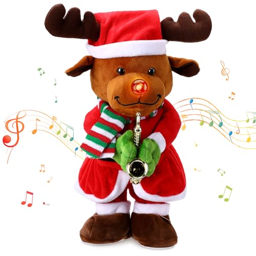 zerotop 13 Zoll Weihnachten Elch Plüsch Kuscheltiere mit Aufzeichnungs Weihnachten Dekoration Musik LED Leuchtender Singender Tanzender Plüschtiere Plüschpuppe Spielzeug Home Deko Kinder Geschenk von zerotop