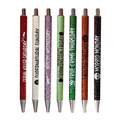 znutc Halloween Weekday Glitzerstift-Set - 7 Stück lustige Stifte Horror Schulbedarf | Niedlicher Glitzer-Gelstift, Horror-Halloween-Glitzerstifte, modische Halloween-Geschenke für Familie, Kollegen, von znutc