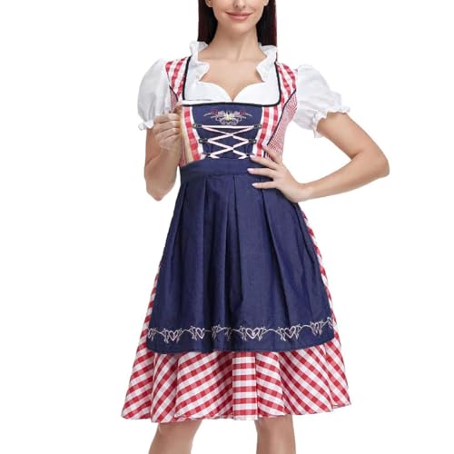 znutc Oktoberfest-Outfits Damen, Kariertes Oktoberfest-Kostüm Dirndl-Kleider Damen, Traditionelles Bier-Karneval-Outfit, bayerisches Cosplay für Party-Halloween-Kostüm von znutc