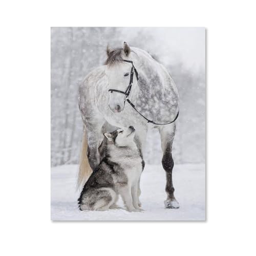 Puzzle 1000 Teile für Erwachsene, Pferd und Hund im Schnee, Papierpuzzle – einzigartig, geeignet für Jugendliche und Erwachsene, 50 x 70 cm von znwrr