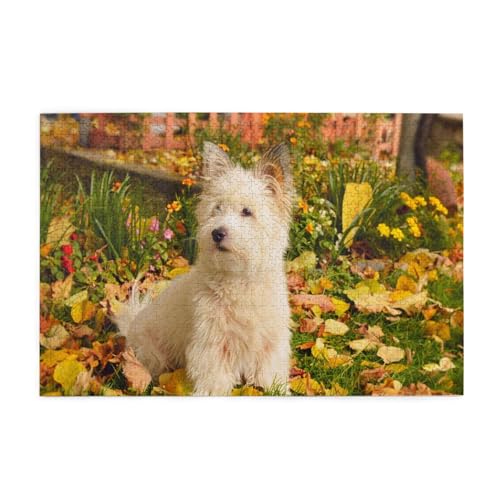 Puzzles, Puzzles für Erwachsene, anspruchsvolles Puzzle, 1000 Teile, Bilderpuzzle aus Holz, Westie Autumn West Highland White Terrier Dogs 26x38CM von znwrr