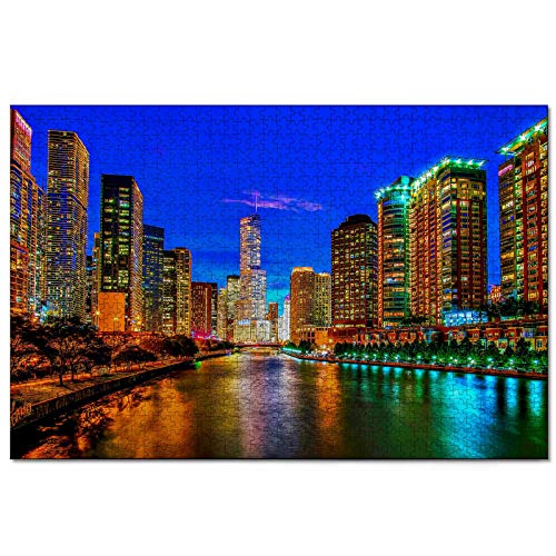 Puzzles USA Amerika Chicago Illinois River 1000-teiliges Puzzle für Erwachsene und Familien, Reisegeschenk, Souvenir, 38 x 52 cm von znwrr