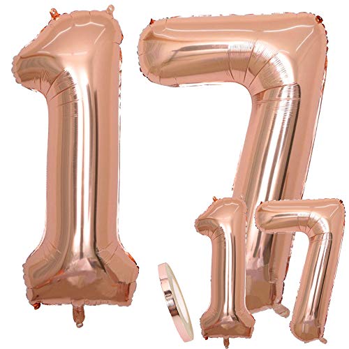 Luftballons Zahl 17 Geburtstag XXL Rose Gold - Riesen Folienballon in 2 Größen 40" & 16" | Set XXL 100cm + Mini 40cm Version Geburtstagsdeko | Insgesamt Vier Zahlen | Ideal zum 17. als Deko Luftballons Zahl 17 Geburtstag XXL Rose Gold - Riesen Folienballon in 2 Größen 40" & 16" | Set XXL 100cm + Mini 40cm Version Geburtstagsdeko | Insgesamt Vier Zahlen | Ideal zum 17. als Deko von zooting