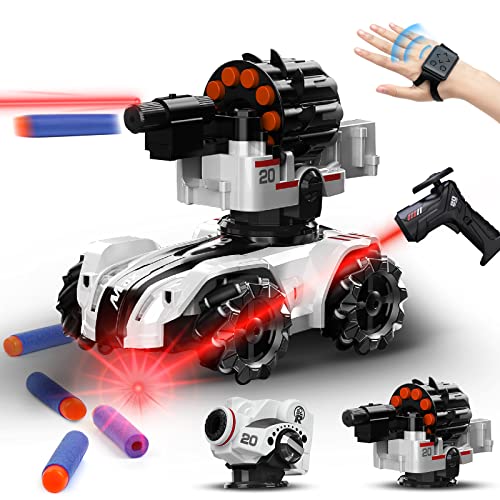 zootop Ferngesteuertes Auto, 2,4 GHz, Gesture RC Car 360 °Rotation, Drifting 4WD Battle Stunt Car 2 austauschbare Turm Musik Fernbedienung Tank Blow Bubble Shoot Schaumstoff Darts Spielzeug Geschenke von zootop