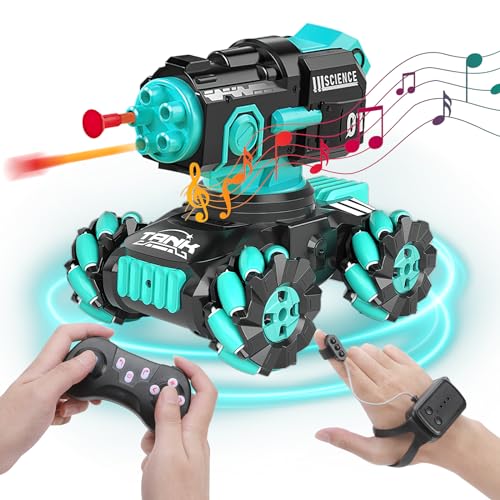 zootop Ferngesteuertes Auto 2,4 GHz Gesture RC Tank Car 4WD 360 ° rotierendes Drifting RC Stunt Tank mit austauschbaren Türmen zum Schießen von weichen Schaumstoffbomben für 6+ Kinder Jungen Mädchen von zootop