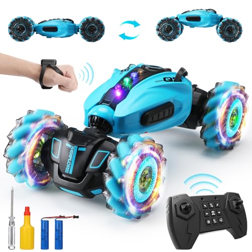 zootop Ferngesteuertes Auto 2,4 GHz RC Stunt Twist Car für Kinder Transformation Gesture Racing Crawler Doppelseitig 360 Rotation RC Spielzeugauto mit Licht Spray Musik und 2 wiederaufladbare von zootop