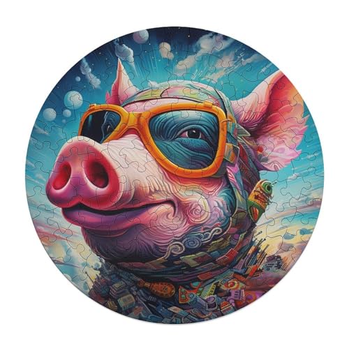 120 teiliges Puzzle mit Tierkunst Schwein Puzzle für Erwachsene und Kinder runde Holzpuzzles pädagogisches Spielzeug zum Stressabbau 29 x 29 cm von zouxangzz