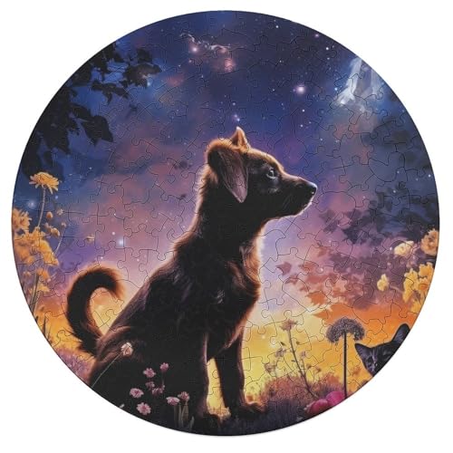 195 teiliges Puzzle „Sternennacht Hund“ für Erwachsene rundes Holzpuzzle Heimdekoration 42 x 42 cm von zouxangzz