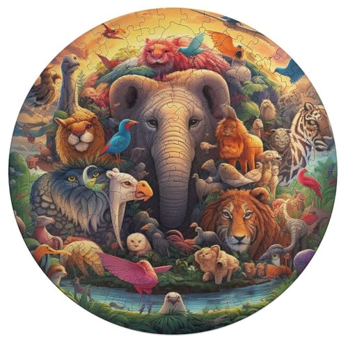 195 teiliges Puzzle Afrikanische Tiere Puzzle für Erwachsene runde Holzpuzzles Heimkunstdekor 42 x 42 cm von zouxangzz