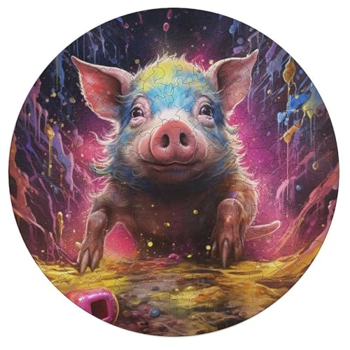 195 teiliges Puzzle Tierkunst Schwein Puzzle für Erwachsene rundes Holzpuzzle Heimdekoration 42 x 42 cm von zouxangzz